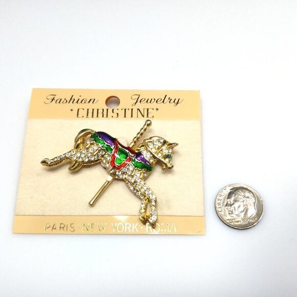 Vintage Carousel Horse Rhinestone Brooch, Red Green Enamel, Taiwan, 2 Inches - Picture 7 of 10